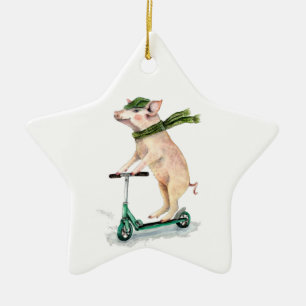 Ornement En Céramique Piggy sur scooter
