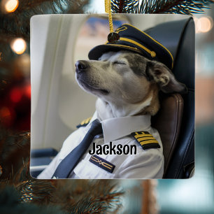 Ornement En Céramique Pilote Chien & Avion Drôle d'aviation Noël Amusant