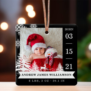 Ornement En Céramique Pine Tree & Snow Baby Birth Stats & Photos Noir
