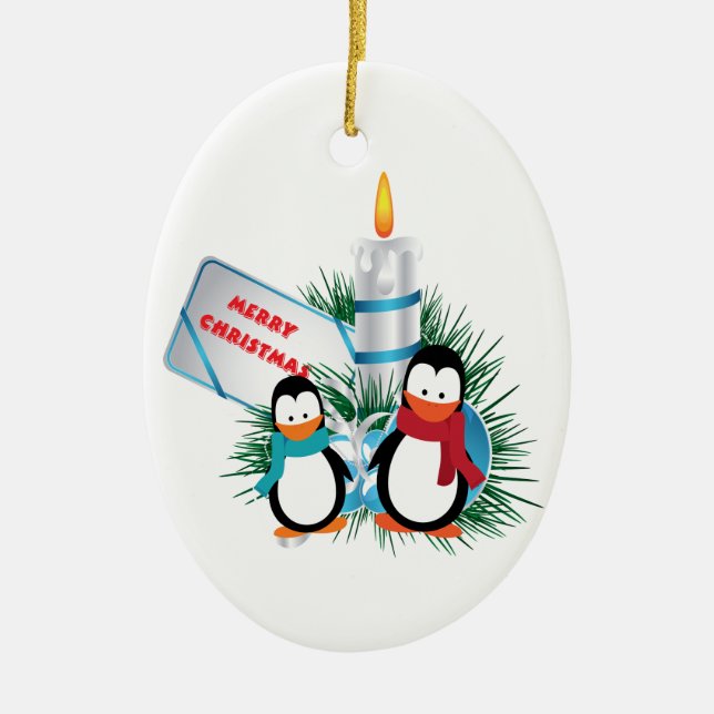Ornement En Céramique Pingouins Et Bougies De Noël (Devant)