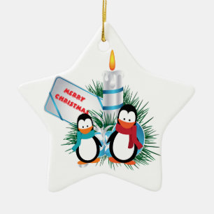 Ornement En Céramique Pingouins Et Bougies De Noël
