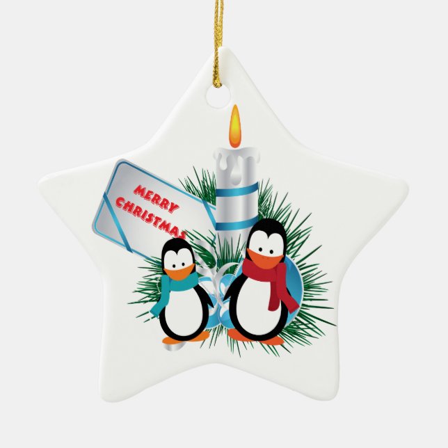 Ornement En Céramique Pingouins Et Bougies De Noël (Devant)