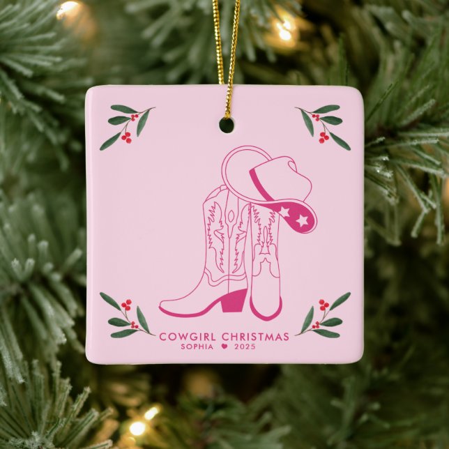 Ornement En Céramique Pink Cowgirl Christmas Cute cowboy bottes (Arbre)