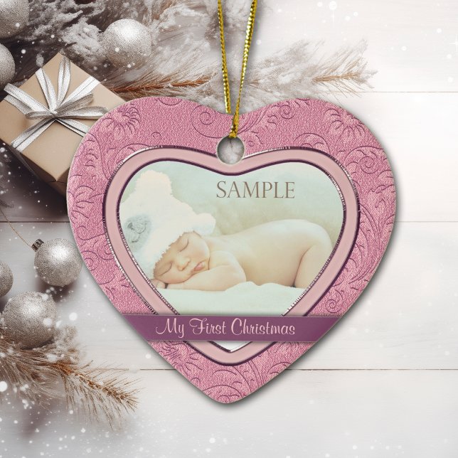 Ornement En Céramique Pink Heart Swirl Baby First Christmas (Créateur téléchargé)
