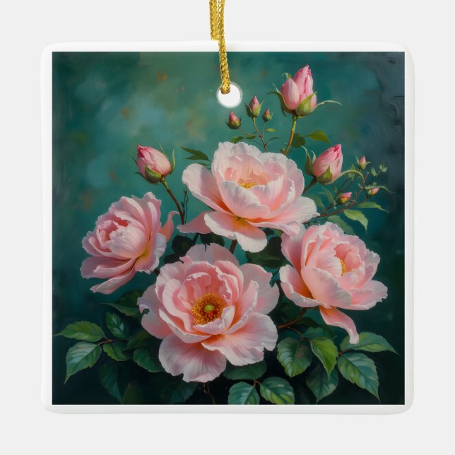Ornement En Céramique Pink Peonies Artwork on Emerald Green (Devant)