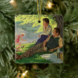 Ornement En Céramique Pique-nique familial vintage amusant sous un arbre