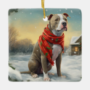 Ornement En Céramique Pitbull Chien dans Noël de neige