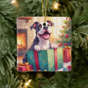 Ornement En Céramique Pitbull joueur ouvrant des cadeaux de Noël pour le