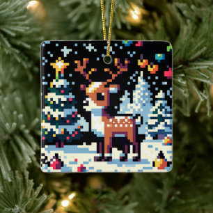 Ornement En Céramique Pixel Art Reindeer à Noël de neige