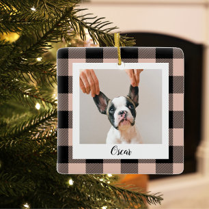 Ornement En Céramique Plaid Et Nom Rose Moderne Et Photo Chien