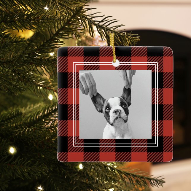 Ornement En Céramique Plaid rouge Buffalo moderne | Photo de chien (Créateur téléchargé)