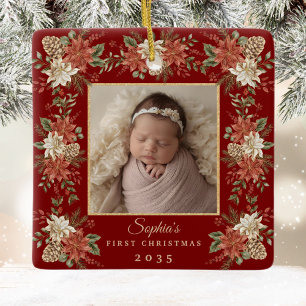 Ornement En Céramique Poinsettia Photo pour le Premier Noël de Bébé