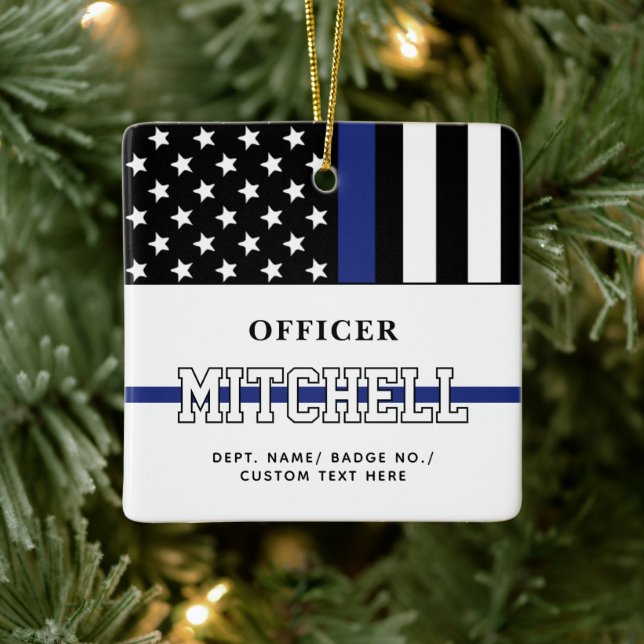 Ornement En Céramique Policier personnalisé Ligne Bleue Mince (Arbre)