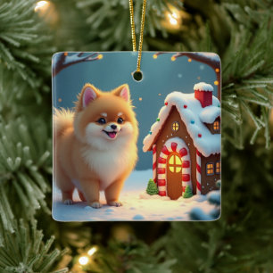 Ornement En Céramique Pomeranian dans le village de pain d'épices de Noë