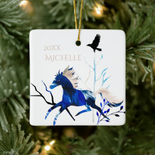 Ornement En Céramique Pony d'hiver personnalisé et Cheval du Corbeau Noë