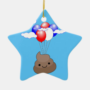 Ornement En Céramique Poo Emoji Voler Avec Des Ballons Dans Le Ciel Bleu