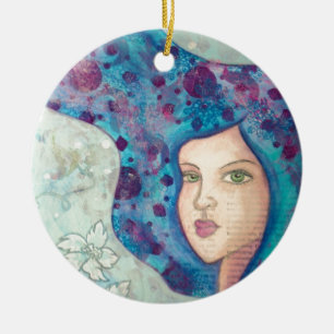Ornement En Céramique Portrait bleu de fille. Longs cheveux. Peinture