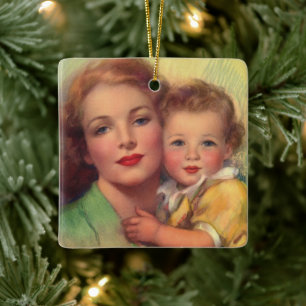 Ornement En Céramique Portrait vintage de la mère et de l'enfant