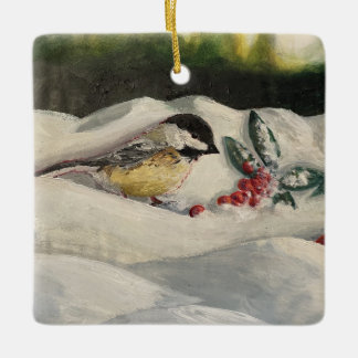 Ornement En Céramique Poulet sur neige hivernale avec MistleToe