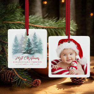 Ornement En Céramique Premier bébé Noël Nom Bois enneigé Photo 