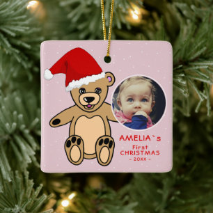 Ornement En Céramique Premier bébé`s Noël Teddy Bear Santa Hat Photo