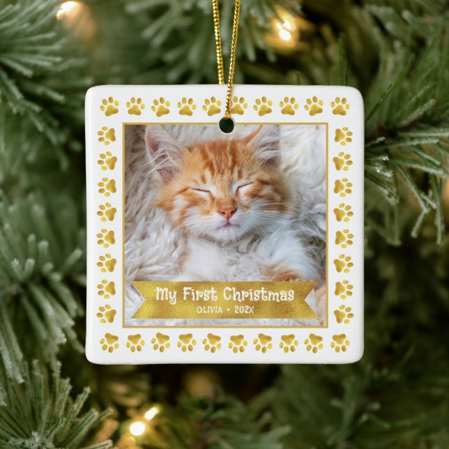 Ornement En Céramique Premier Noël Animal Kitten Photo Gold Patrouilles  (Arbre)