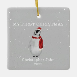Ornement En Céramique Premier Noël Bébé Penguin Gris Neige