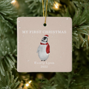 Ornement En Céramique Premier Noël Bébé Penguin Neige rose