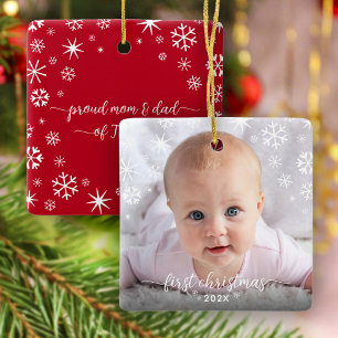 Ornement En Céramique Premier Noël Bébé Photo Nouveaux Parents Snowflake