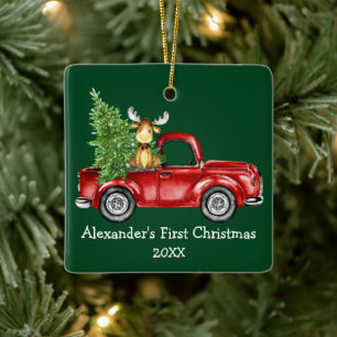 Ornement En Céramique Premier Noël de bébé Camion Rouge Élan Vert