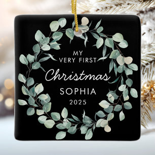 Ornement En Céramique Premier Noël de bébé Couronne d'eucalyptus Noir