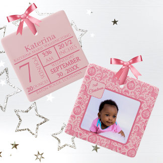 Ornement En Céramique Premier Noël de Bébé Fille Photo Toile Rose