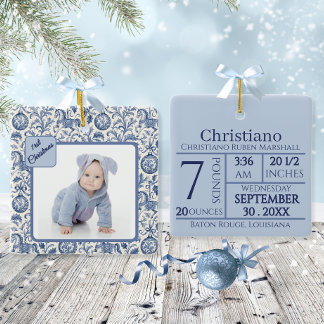 Ornement En Céramique Premier Noël de bébé garçon Photo Toile Bleue