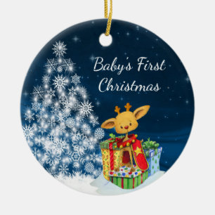 Ornement En Céramique Premier Noël du bébé Cute Reindeer personnalisé