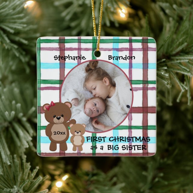 Ornement En Céramique Premier Noël en grande soeur Photo personnalisée (Arbre)