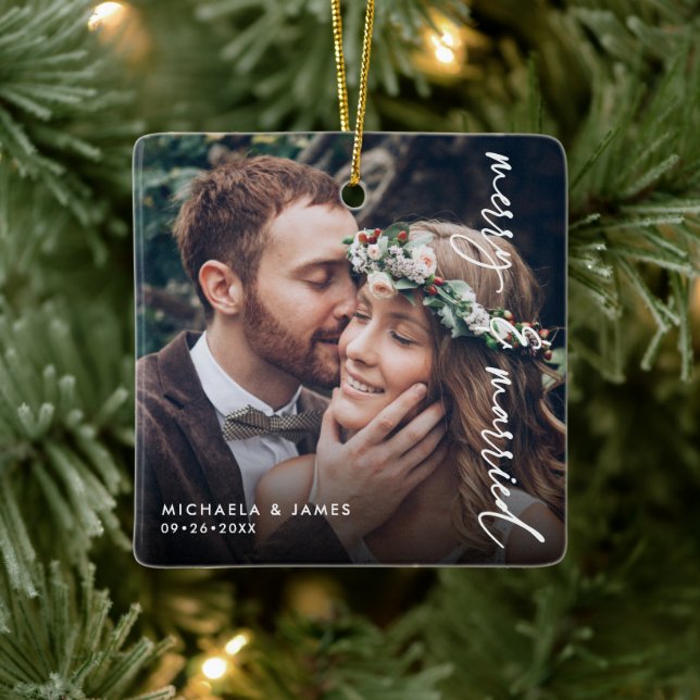 Ornement En Céramique Premier Noël engagé Noms et Date 2-Photo (Arbre)