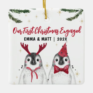 Ornement En Céramique Premier Noël Engagé ou marié manchots amusants