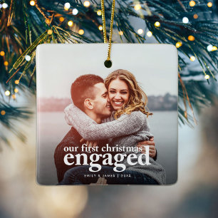Ornement En Céramique Premier Noël engagé   Photo Fiançailles minimale