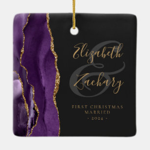 Ornement En Céramique Premier Noël Marié Purple Agate Gold Script