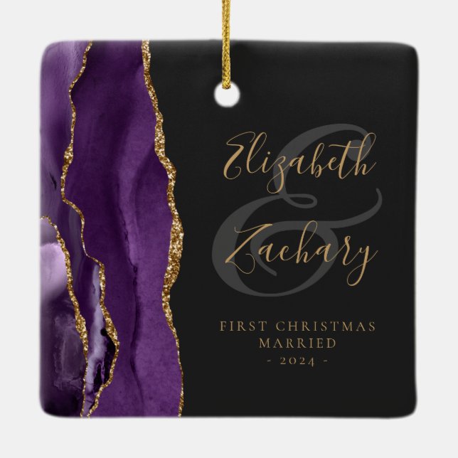 Ornement En Céramique Premier Noël Marié Purple Agate Gold Script (Dos)