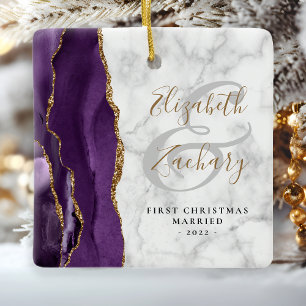 Ornement En Céramique Premier Noël Marié Purple Agate Marbre Or