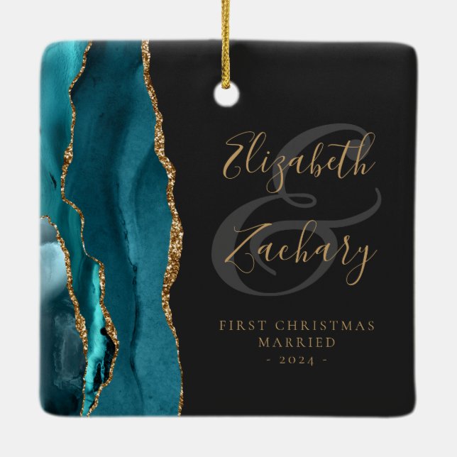 Ornement En Céramique Premier Noël Marié Turquoise Agate Gold Script (Dos)