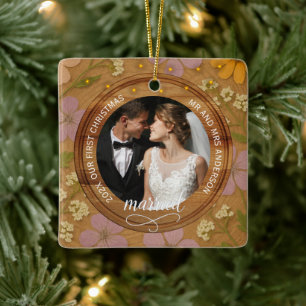Ornement En Céramique Premier Noël mariés au motif de grain de bois rust