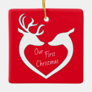 Ornement En Céramique Premier renne de Noël personnalisé Couple rouge