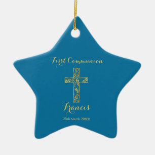 Ornement En Céramique Première communion bleu croix d'or