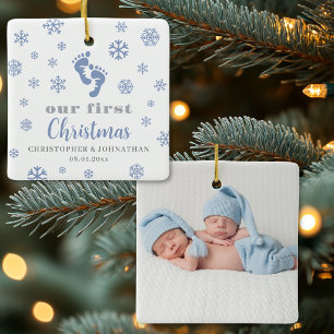 Ornement En Céramique Première Noël de jumeaux garçons personnalisée Pho