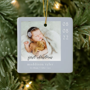 Ornement En Céramique Première photo de Noël du bébé bleu