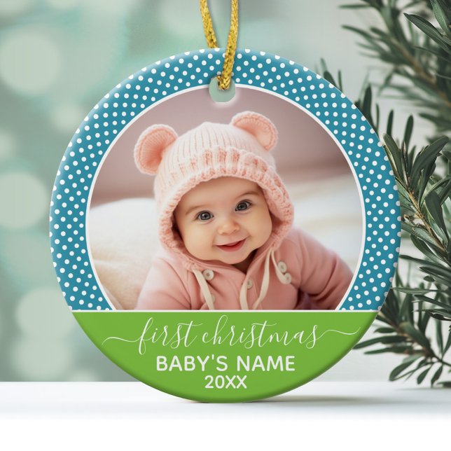 Ornement En Céramique Première photo de Noël du bébé - Chaux Bleues (Personalized Photo Ornament - Baby's First Christmas)