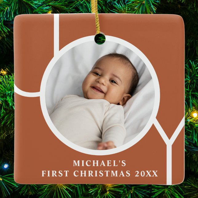 Ornement En Céramique Première photo de Noël du bébé garçon Terracotta (Créateur téléchargé)
