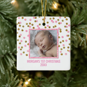 Ornement En Céramique Première photo de Noël du bébé Gold Pink Confetti